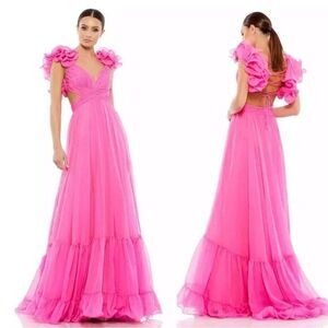 Mac Duggal Ruffle Shoulder Lace Up Gown Size 12